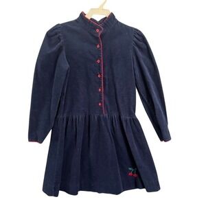 Hartstrings Navy Corduroy Cherry Embroidered Button Front Dress Size 8